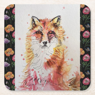 Cute Red Fox en Flowers Drink Coasters Vierkante Kartonnen Onderzetter