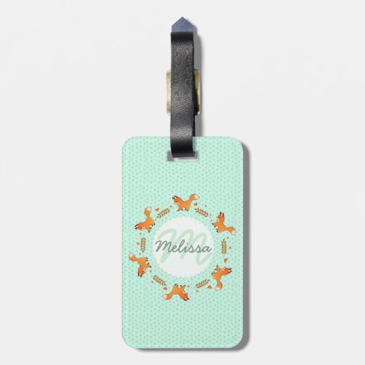 Cute Red Fox en Hearts Wreate met monogram Bagagelabel (Achterkant verticaal)