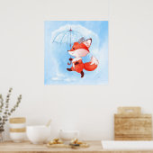 Cute Red Fox met Umbrella Poster (Keuken)