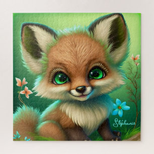 Cute Red Fox Oranje Blue Flower Green Legpuzzel