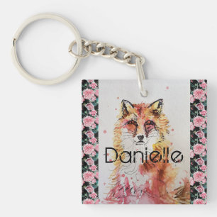 Cute Red Fox Waterverf Pink Rose Girls Sleutelhanger
