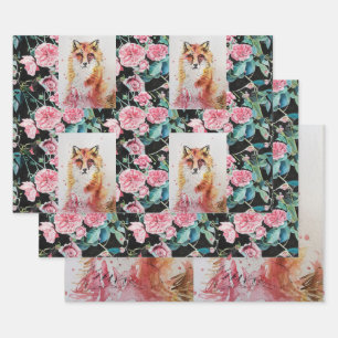 Cute Red Fox Waterverf Roos Woodland Animal Art Inpakpapier Vel