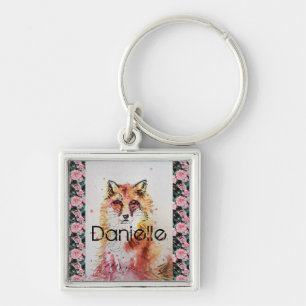 Cute Red Fox Waterverf Roze Rose Girls Ke Sleutelhanger
