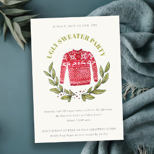 Cute Red Green Ugly Sweater kerst Party Invite Feestdagenkaart