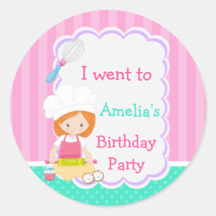 Cute Red Hair Girl Baking Birthday Party Ronde Sticker