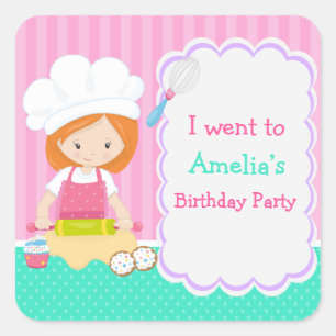 Cute Red Hair Girl Baking Birthday Party Vierkante Sticker