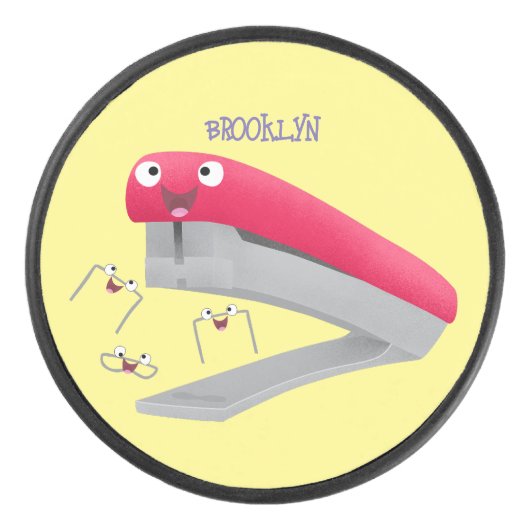 Cute red happy stapler cartoon hockey puck (Voorkant)