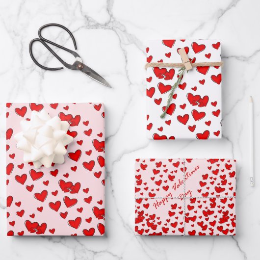 Cute Red Hearts Pattern Valentijnsdag set of 3 Inpakpapier Vel (Voorkant)
