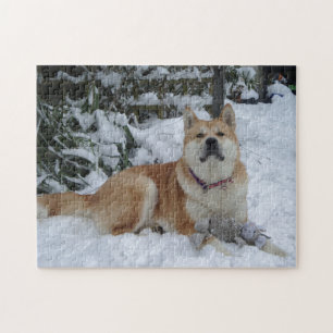Cute red japanese akita in sneeuw met grijze muis legpuzzel