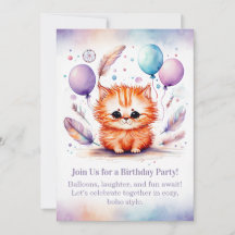 Cute Red Kitten Birthday Invitation Pastel Boho