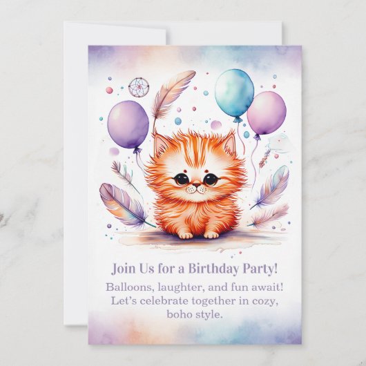 Cute Red Kitten Birthday Invitation Pastel Boho  Kaart (Voorkant)