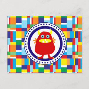 Cute Red Monster over kleurrijke patchworkblokken Briefkaart