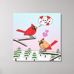 Cute Red Northern Cardinals Love Winter Landscape Canvas Afdruk
