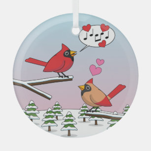 Cute Red Northern Cardinals Love Winter Landscape Glas Ornament