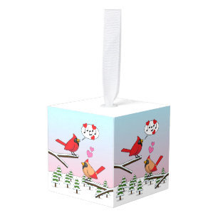 Cute Red Northern Cardinals Love Winter Landscape Kubus Ornament