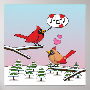 Cute Red Northern Cardinals Love Winter Landscape Poster