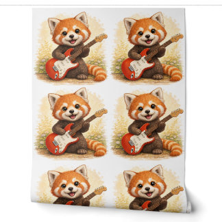 Cute Red Panda Guitar Pattern Wallpaper Kids Behang