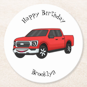 Cute red pickup truck cartoon afbeelding ronde kartonnen onderzetter