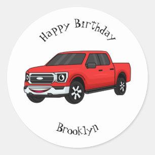 Cute red pickup truck cartoon afbeelding ronde sticker