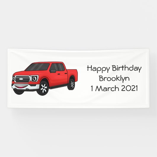 Cute red pickup truck cartoon afbeelding spandoek (Horizontaal)