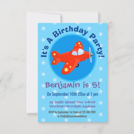 Cute red plane vliegende cartoon illustratie kaart (Voorkant)