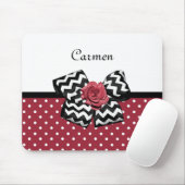 Cute Red Polka Dots with Chevron Roos Bow and Name Muismat (Met muis)