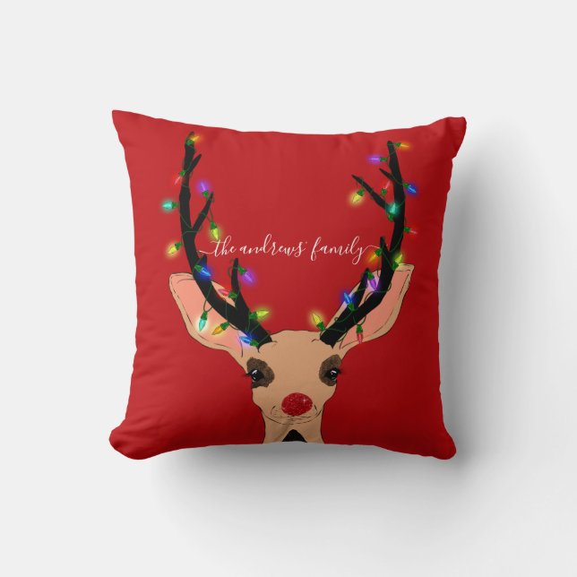 Cute Red Reindeer Deer Glow met kerstverlichting Kussen (Voorkant)