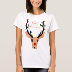 Cute Red Reindeer Deer Glow met kerstverlichting T-shirt