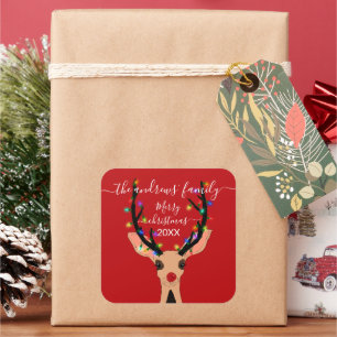 Cute Red Reindeer Deer Glow met kerstverlichting Vierkante Sticker