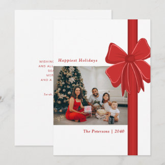 Cute Red Ribbon Bow Wrapped Family Photo Feestdagenkaart