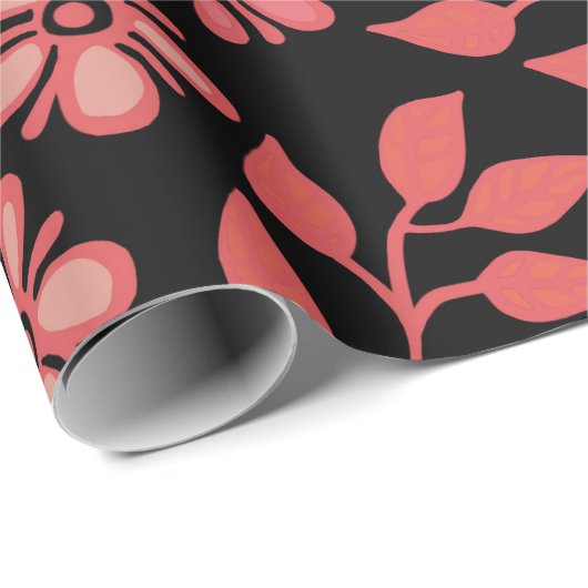 Cute Red & Roze Flowers op zwarte achtergrond Gift Cadeaupapier (Rol Hoek)