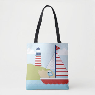 Cute Red Sail Boat en vuurtoren Draagtas
