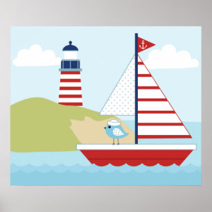 Cute Red Sail Boat en vuurtoren Poster