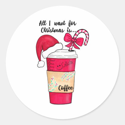 Cute Red Santa Hat Coffee Candy Cane Christmas Ronde Sticker (Voorkant)