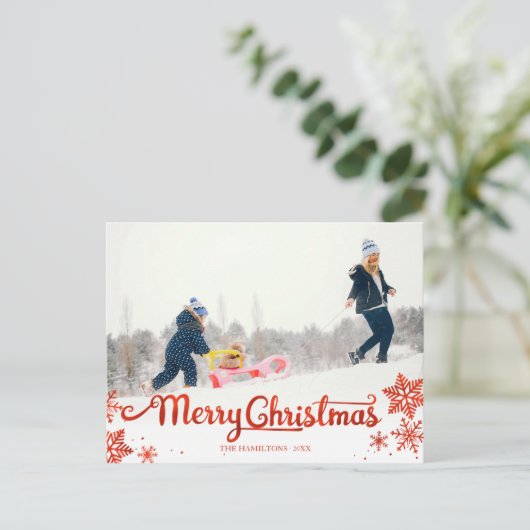 Cute Red Script Photo Snowflake met kerstmis Briefkaart (Staand voorkant)