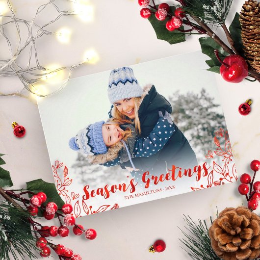 Cute Red Script Photo Winter Foliage Kerstmis Briefkaart