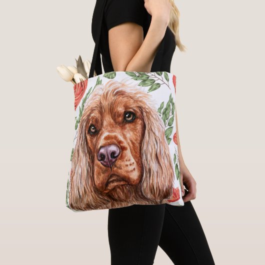 Cute Red Spaniel met Roos Flower Pattern Draagtas (Dichtbij)