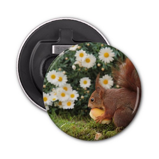 Cute Red Squirrel and Daisies Photo Button Flesopener (Voorkant)