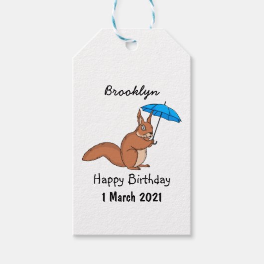 Cute red squirrel met paraplu-cartoon cadeaulabel (Voorkant)