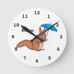 Cute red squirrel met paraplu-cartoon ronde klok
