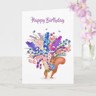 Cute red squirrel with flowers birthday card kaart