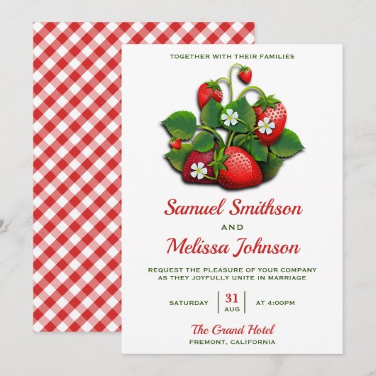 Cute Red Strawberries Bouquet Wedding Invitation Kaart (Voorkant / Achterkant)