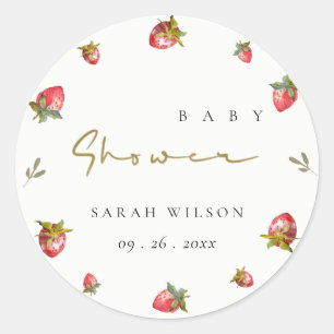Cute Red Strawberry Leafy Botanical Baby shower Ronde Sticker