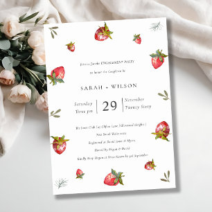 Cute Red Strawberry Leafy Green Verloving Invite Bedankkaart