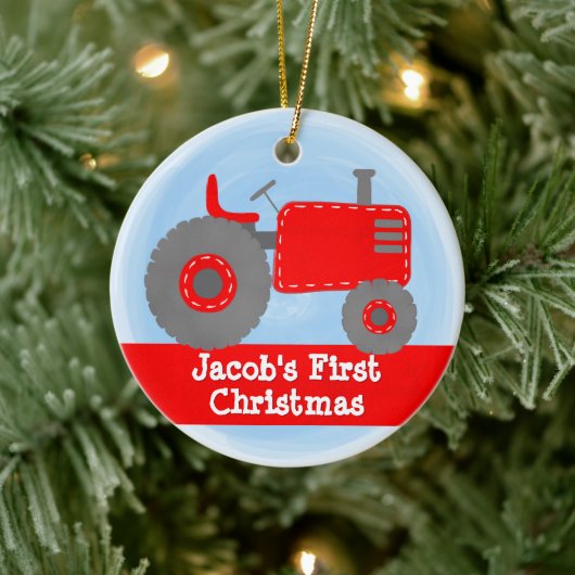 Cute Red Tractor Baby eerste kerstWaterverf Keramisch Ornament (Boom)