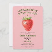 Cute Red Watercolor Strawberry First Birthday Kaart (Voorkant)