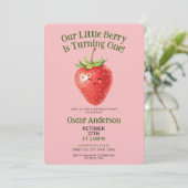 Cute Red Watercolor Strawberry First Birthday Kaart (Staand voorkant)