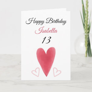 Cute Red Waterverf Long Heart 13th Birthday Kaart