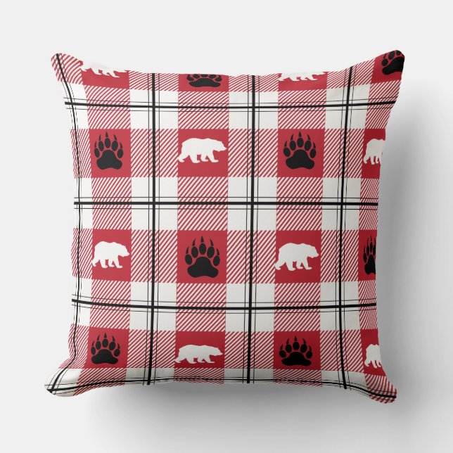 Cute Red White en Black Beer en Paw Plays Pattern Kussen (Voorkant)
