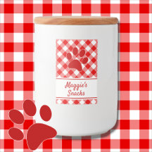Cute Red White Gingham Checkered Pattern Paw Name